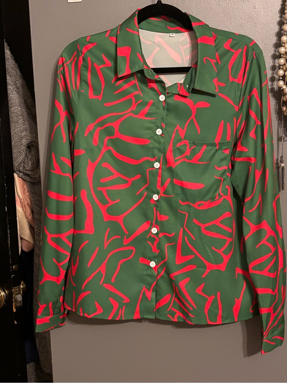 Green and Pink Printed Button-Up Women's Top